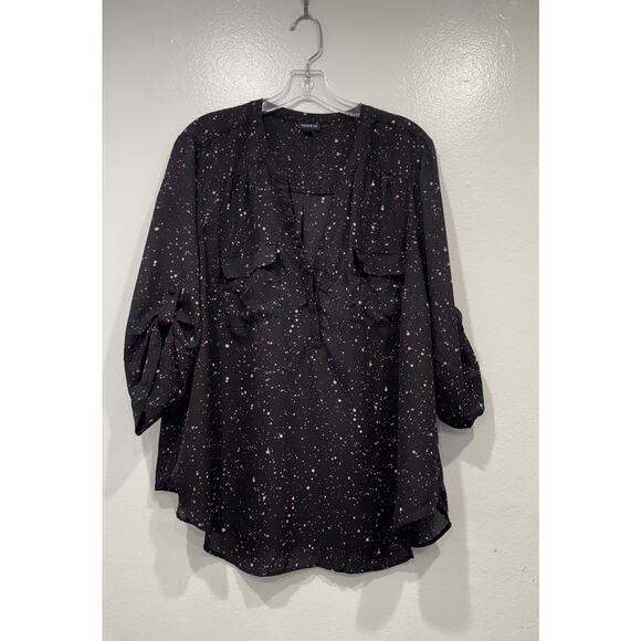 Torrid Black Splatter Print Blouse Women’s Size Plus Size 2 2X Sheer Top V Neck - Picture 1 of 7